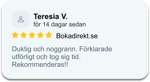 Omdöme från Teresia V. på Bokadirekt: Duktig och noggrann. Förklarade utförligt och tog sig tid. Rekommenderas!!